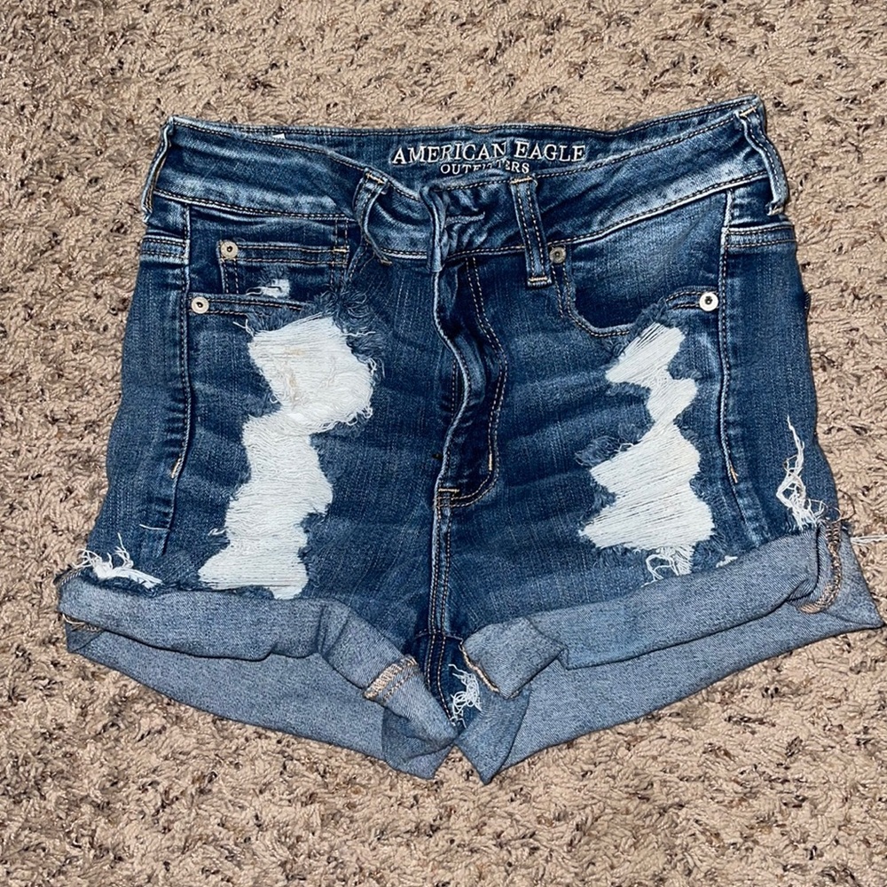 American Eagle distressed dark wash shorts